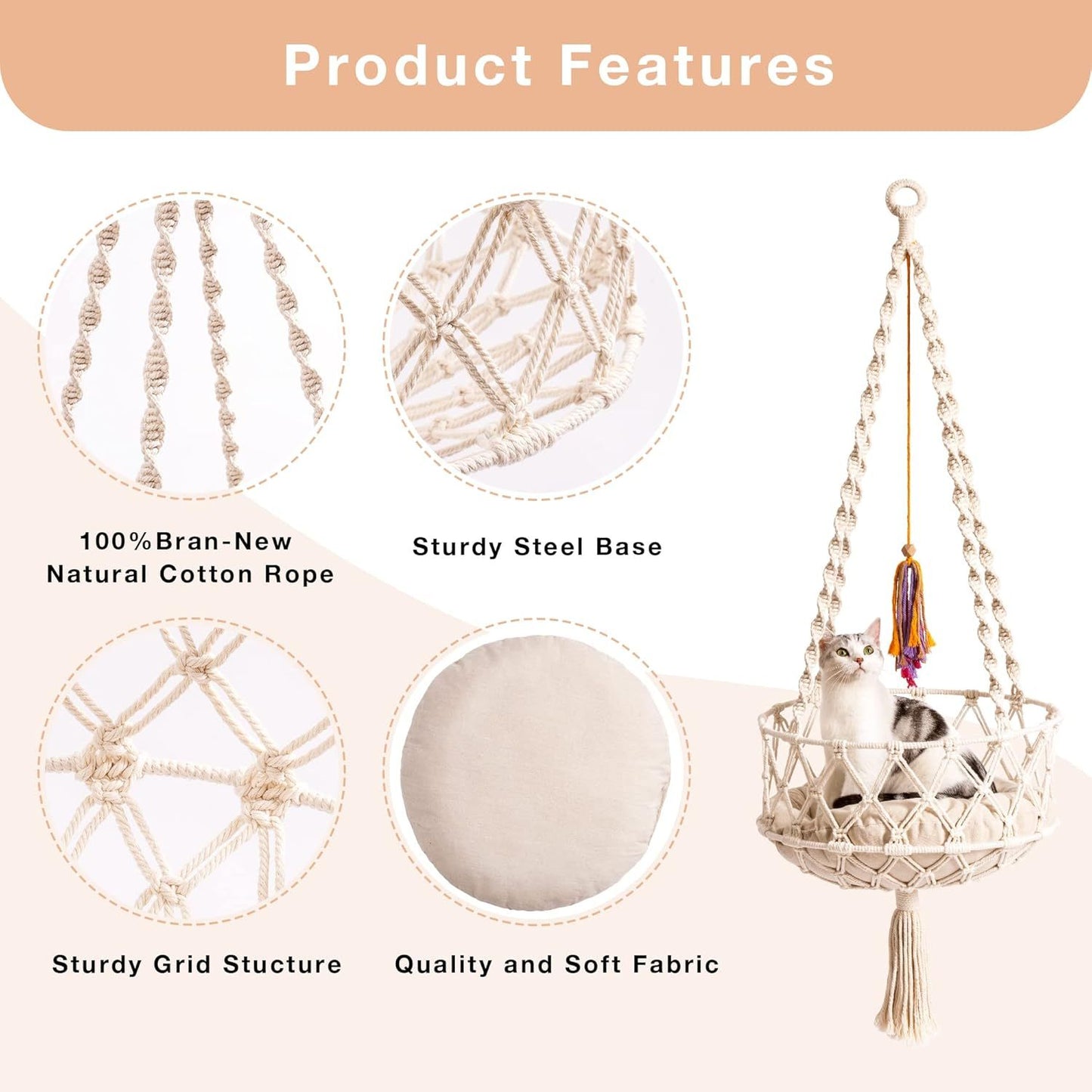 MEWOOFUN Boho Macrame Cat Swing - Handwoven Hanging Bed With Soft Mat & Toy For Indoor Cats, Decorative Hammock For Sleeping & Play Beige