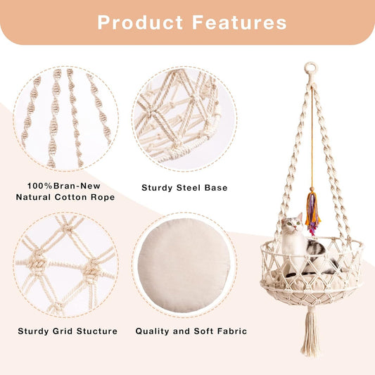 MEWOOFUN Boho Macrame Cat Swing - Handwoven Hanging Bed With Soft Mat & Toy For Indoor Cats, Decorative Hammock For Sleeping & Play Beige