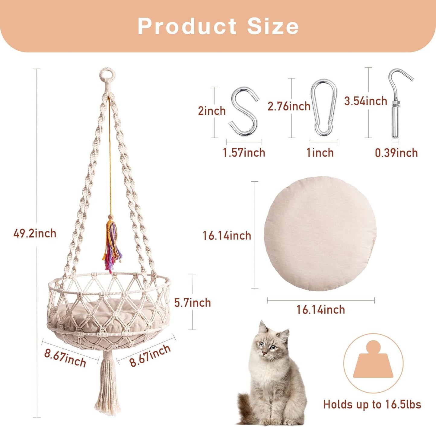 MEWOOFUN Boho Macrame Cat Swing - Handwoven Hanging Bed With Soft Mat & Toy For Indoor Cats, Decorative Hammock For Sleeping & Play Beige