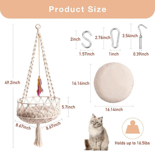 MEWOOFUN Boho Macrame Cat Swing - Handwoven Hanging Bed With Soft Mat & Toy For Indoor Cats, Decorative Hammock For Sleeping & Play Beige