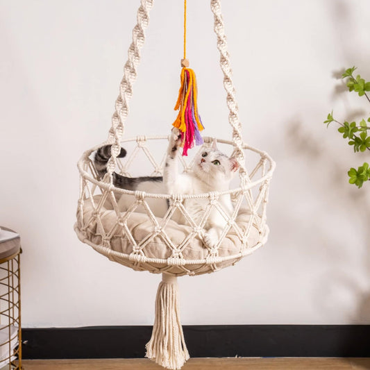 MEWOOFUN Boho Macrame Cat Swing - Handwoven Hanging Bed With Soft Mat & Toy For Indoor Cats, Decorative Hammock For Sleeping & Play Beige