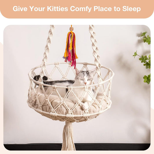 MEWOOFUN Boho Macrame Cat Swing - Handwoven Hanging Bed With Soft Mat & Toy For Indoor Cats, Decorative Hammock For Sleeping & Play Beige