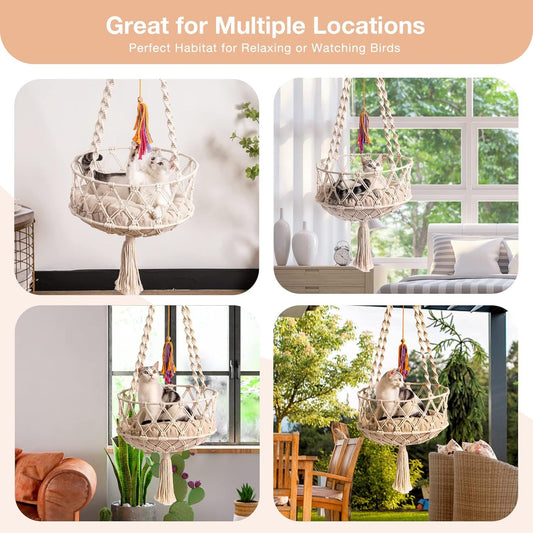 MEWOOFUN Boho Macrame Cat Swing - Handwoven Hanging Bed With Soft Mat & Toy For Indoor Cats, Decorative Hammock For Sleeping & Play Beige
