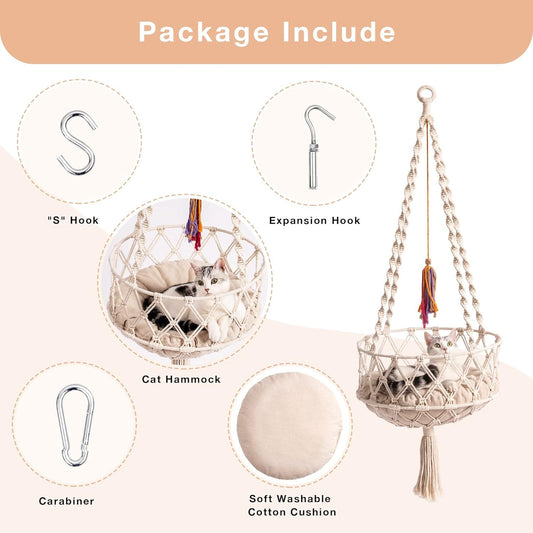 MEWOOFUN Boho Macrame Cat Swing - Handwoven Hanging Bed With Soft Mat & Toy For Indoor Cats, Decorative Hammock For Sleeping & Play Beige